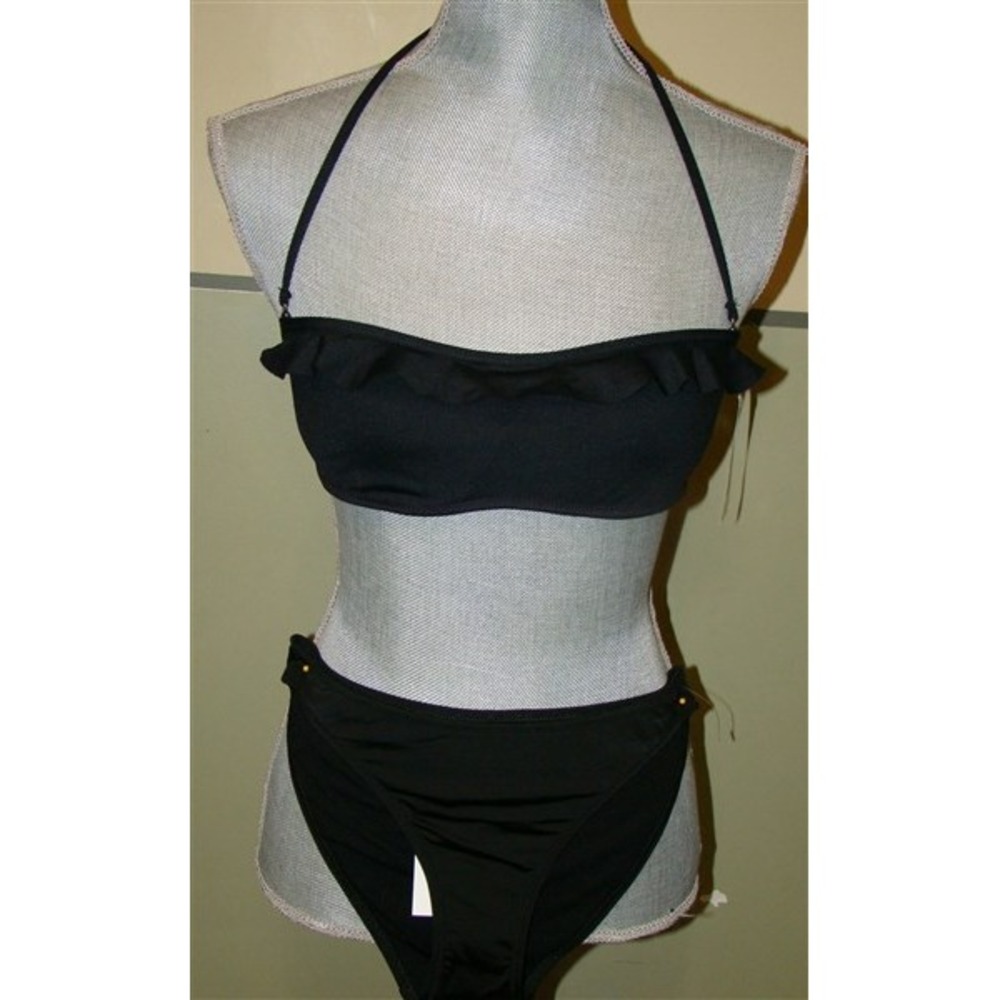 NWT BCBG Max Azria Ruffle Bikini Bandeau Top & Bottom Black M 100094